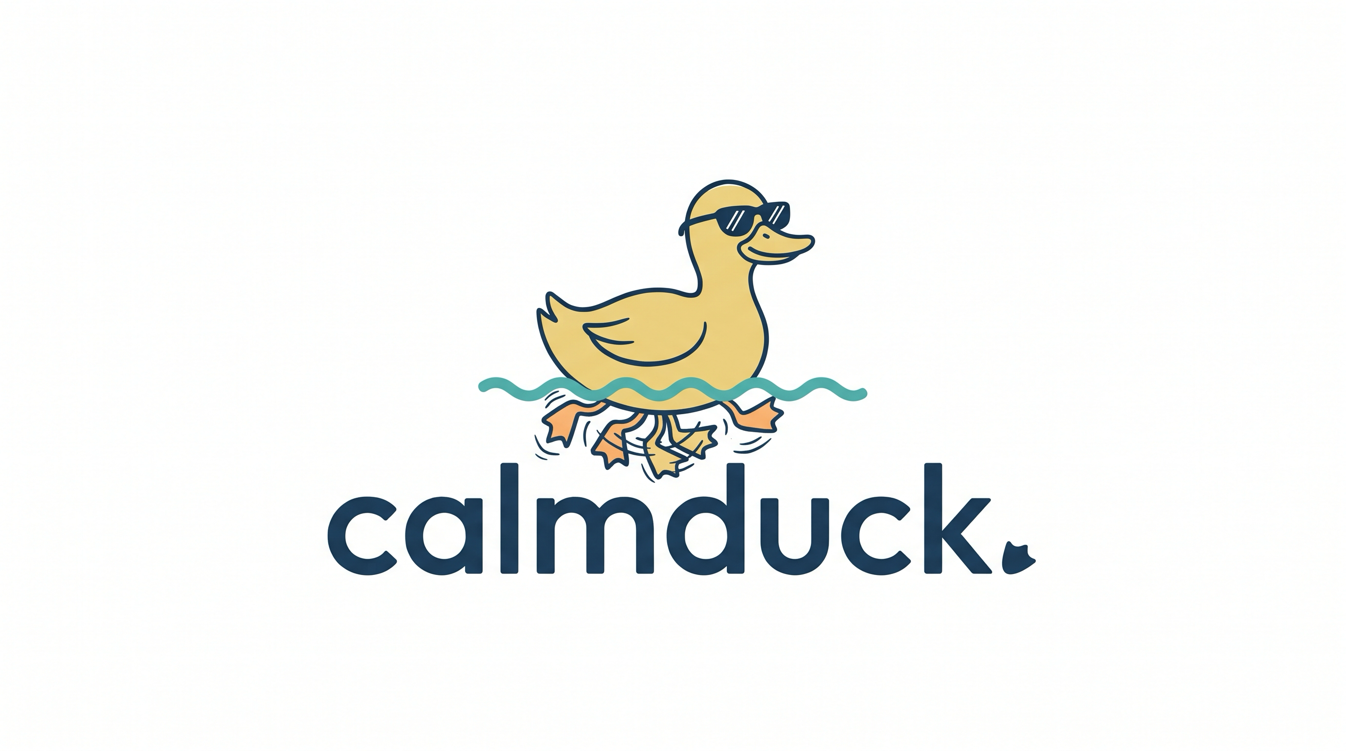Calmduck: a duck in sunglasses, calm above the water with busy feet below.